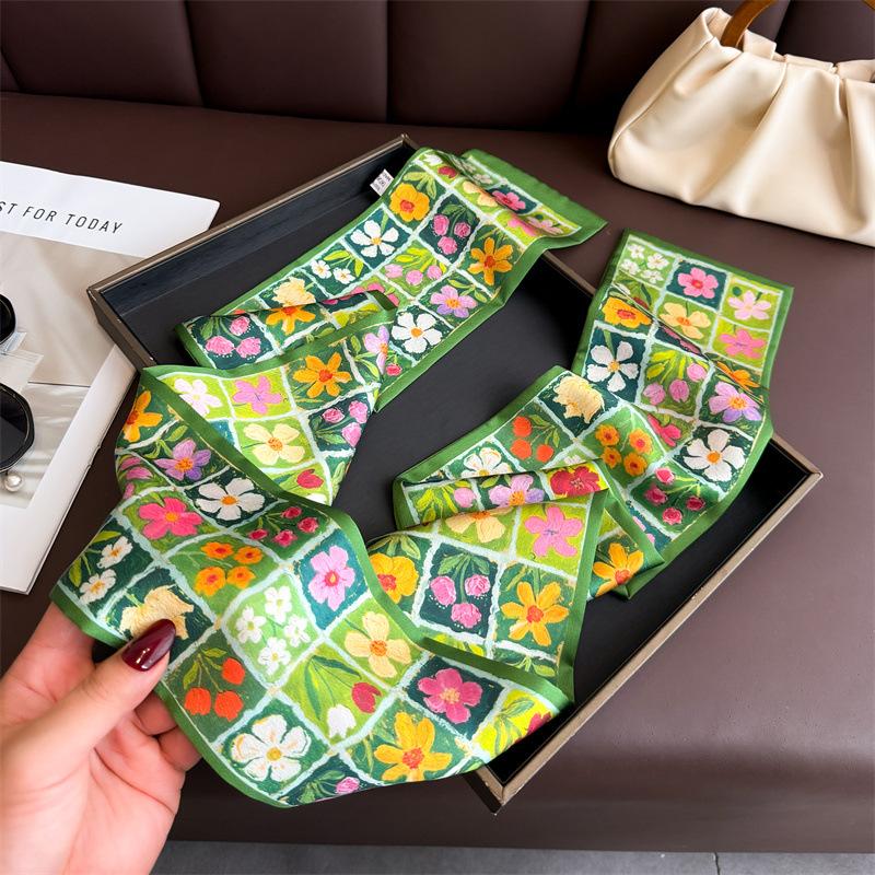 Spring and Summer Flower Double-layer Scarf, Streamer Strap, Bag Decoration, Suit Scarf, Small Long Headband, Silk Scarf, Women's Printing Is Narrow a