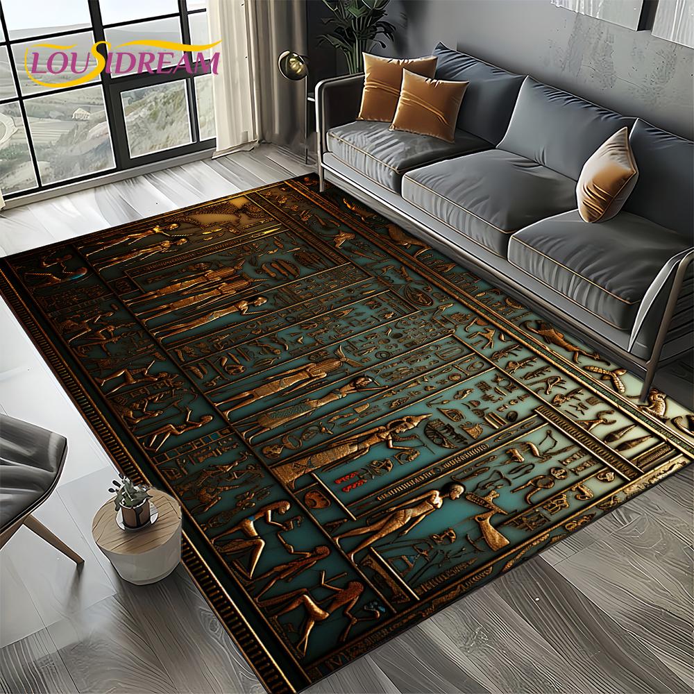 2025 Antikes Ägypten Hieroglyphen Mythologie Wandmalerei Teppich für Wohnzimmer Schlafzimmer Sofadekoration,Rutschfeste Bodenmatte