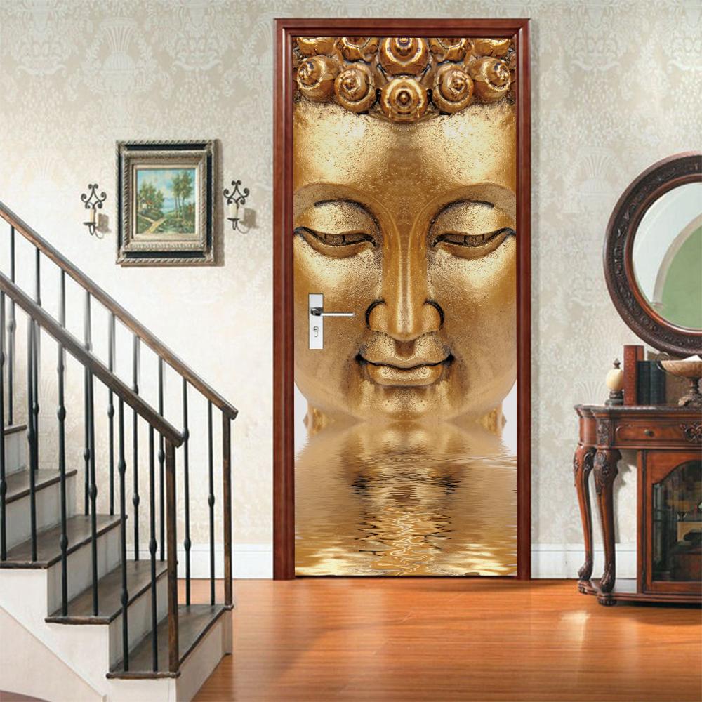 3D Door Mural Sticker Peel and Stick Door Wallpaper Golden Buddha Castle Moon Mermaid Flower Home Decor Removable