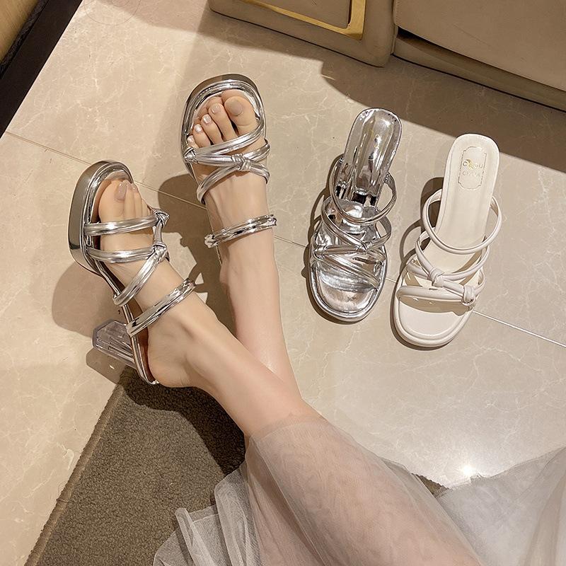 High heels women's new transparent one-word strap crystal heel slippers round head waterproof table outer slippers in summer 2025