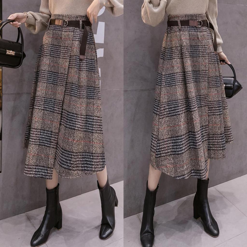 VIVEL Elegant and Lightweight Long Skirt for Flared Long Check Midi Asymmetrical High Waist Women's Fall/Winter, A-Line Skirt, Skirt, Length, Belted,
