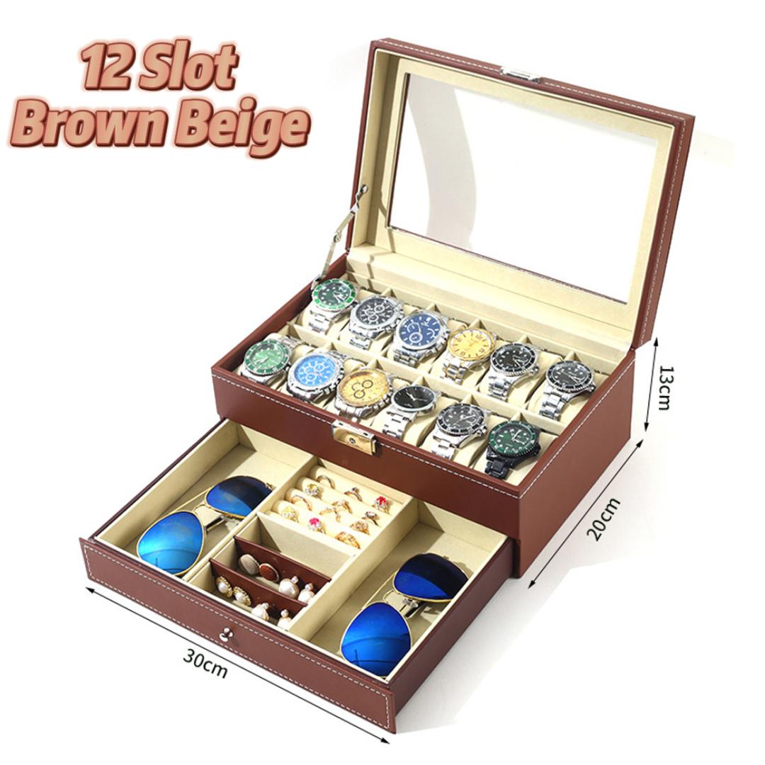 

12-Slot Lockable Synthetic Leather Watch Display Box with Lockable Drawers,Double Layer,Heavy-Duty Watch Storage Case
