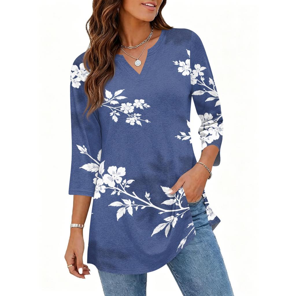 Womens Casual V Neck 3/4 Sleeve Pullover Tunic Top Floral Print Mid Length Blouse Lightweight Comfortable Fit