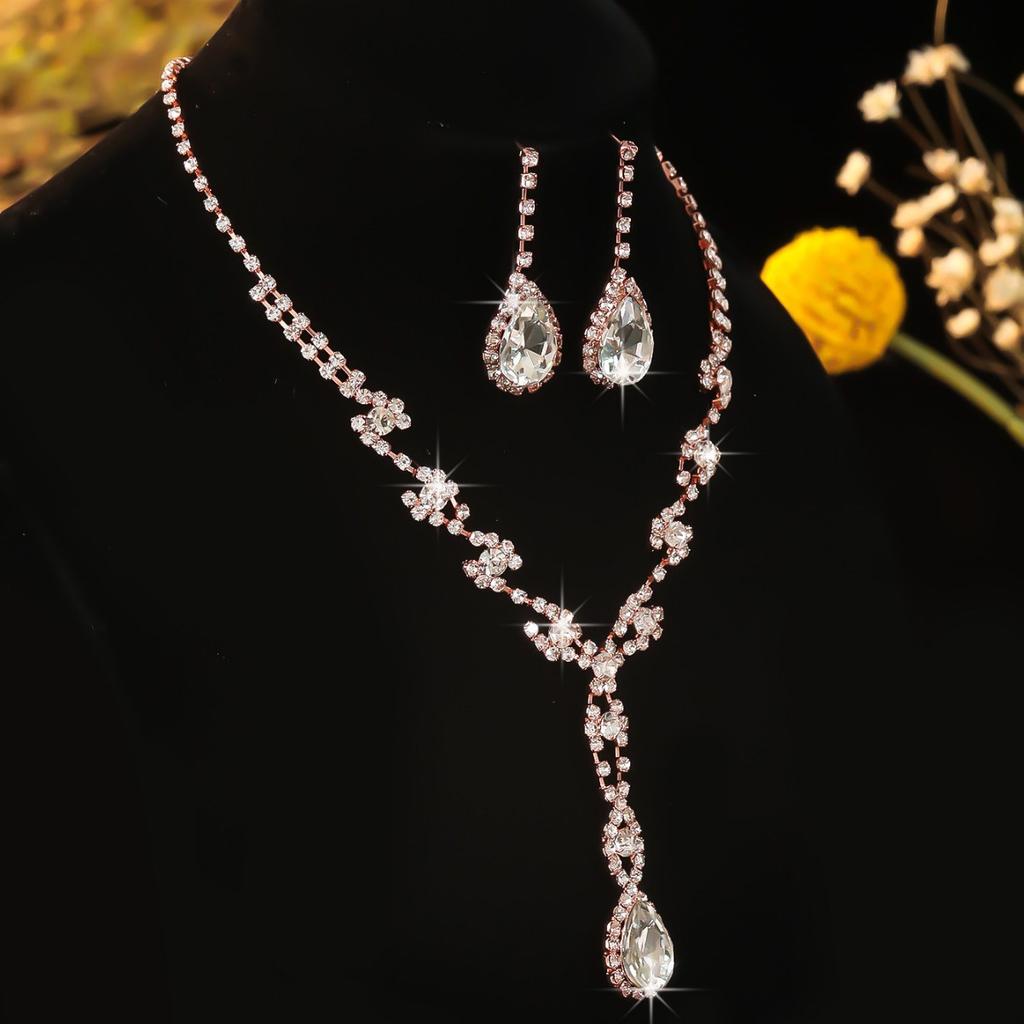Ganyuan Women's Rhinestone Jewelry Set Three-Piece Necklace Earrings Bracelet Ring Claw Silver Plated Alloy Engagement Wedding