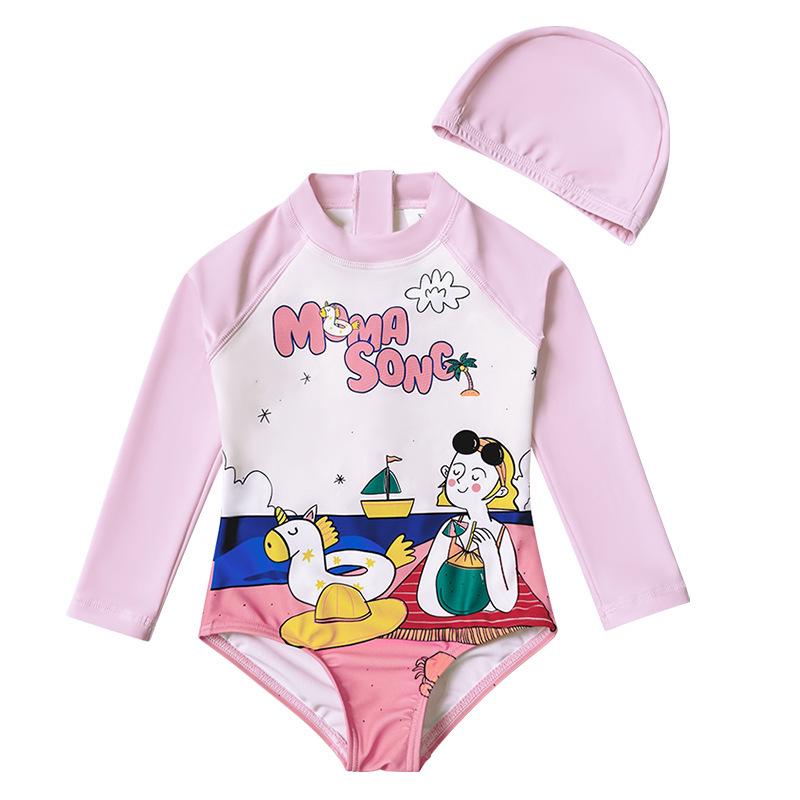 Momasong Baby Girls Long Sleeve One-Piece Swimsuit – Cute, Sun-Protected, Quick-Dry Swimwear 08 (130 cm)