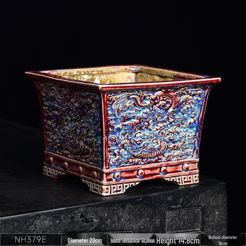 Ceramic Square Bonsai Flower Pot - Large High-Angle, Creative Chinese Style for Green Plants and Orchids
