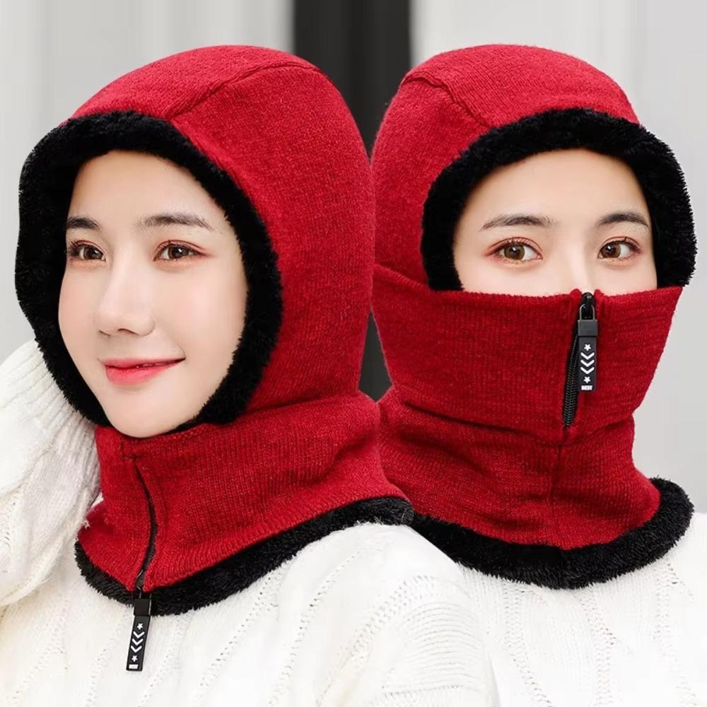 Zipper Knitted Scarf Hat Elastic Knitted Balaclava Cap Soft Hooded Thermal Cap Winter