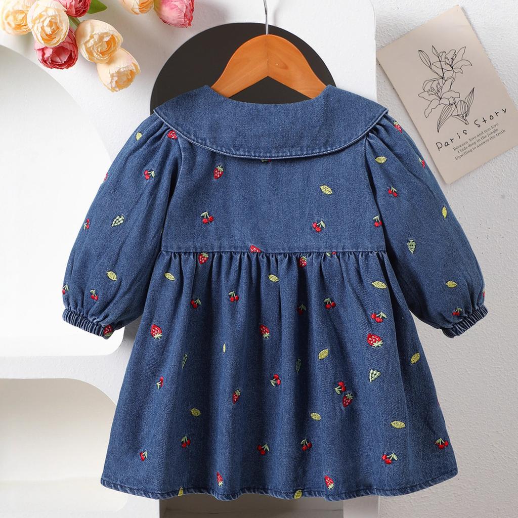 Girls Strawberry Embroidered Denim Dress Peter Pan Collar Princess Casual Spring Autumn Jean Dress For Kids