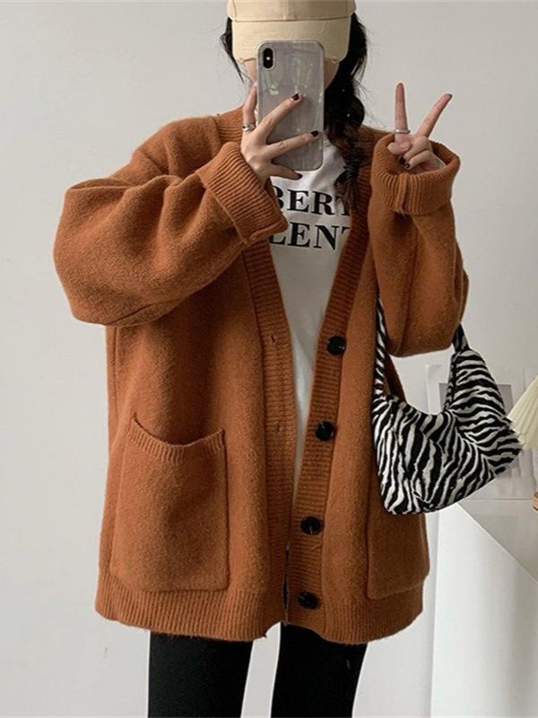 Large size women's retro sweater jacket women's autumn and winter new soft waxy European and American style V-neck knitted cardigan top