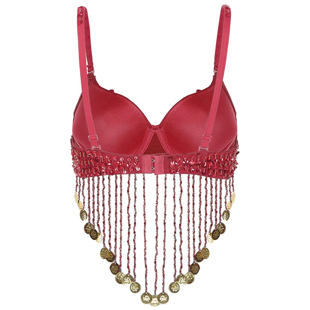 Womens Belly Dance Bra Adjustable Straps Design Shiny Sequins Plastic Beaded Tassels Underwired Costume