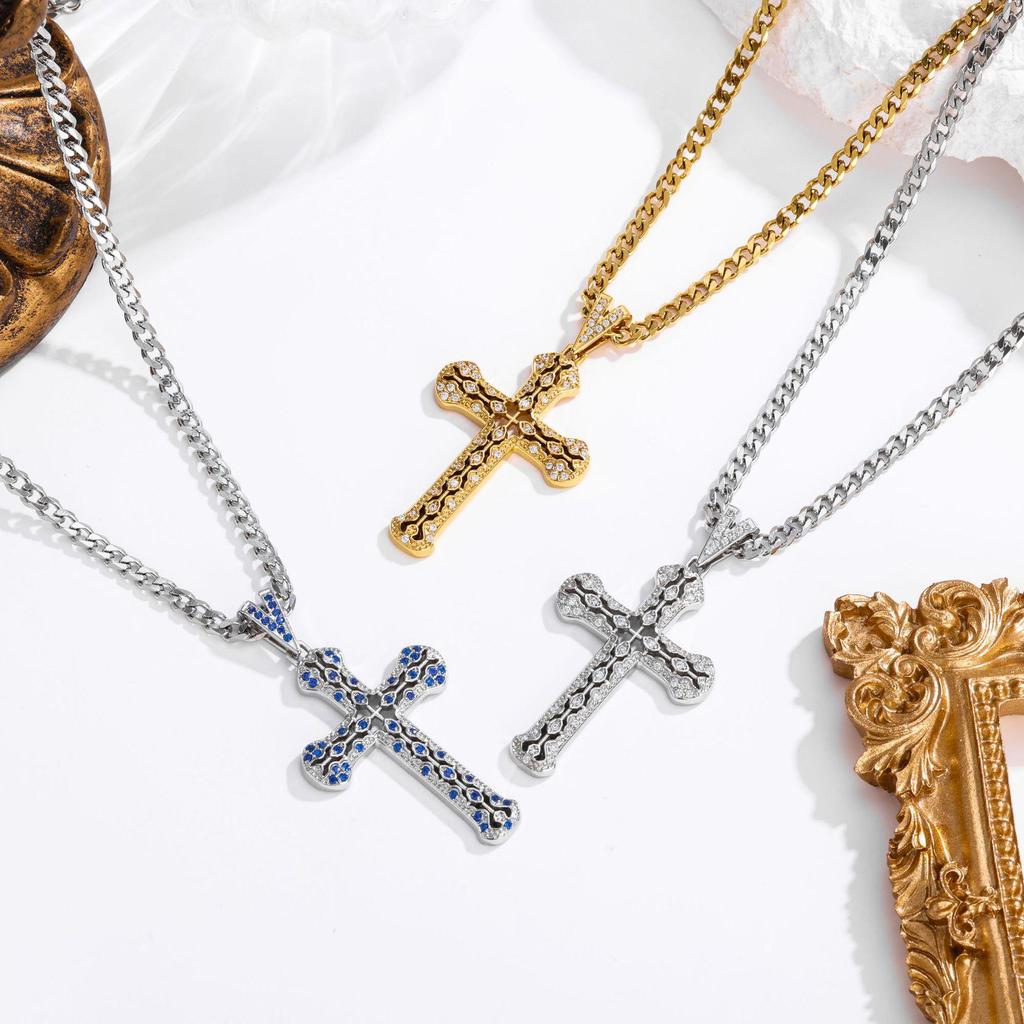 Trendy Hollow Inlaid Diamond Gold Cross Necklace, Non-Fading Titanium Steel, Unisex Hip-Hop Choker.