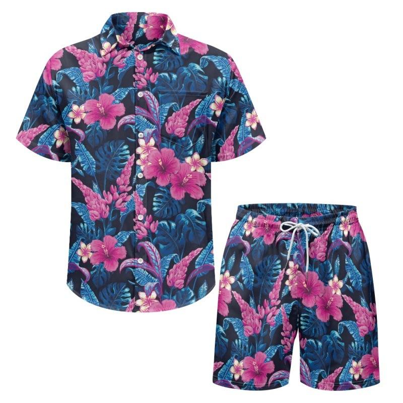 Sommer Kurzarm Anzug Große Lose Hemd Shorts Cross Border Gedruckt Herren Hemd Hawaii Strand Eisseide Blume