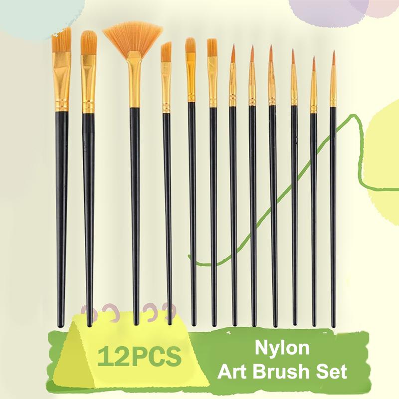 Künstler-Nylon-Flachpinsel-Set 12 Stück Borsten-Aquarellpinsel für Öl-Acrylmalerei Kunstwerkzeuge für Schule und Atelier