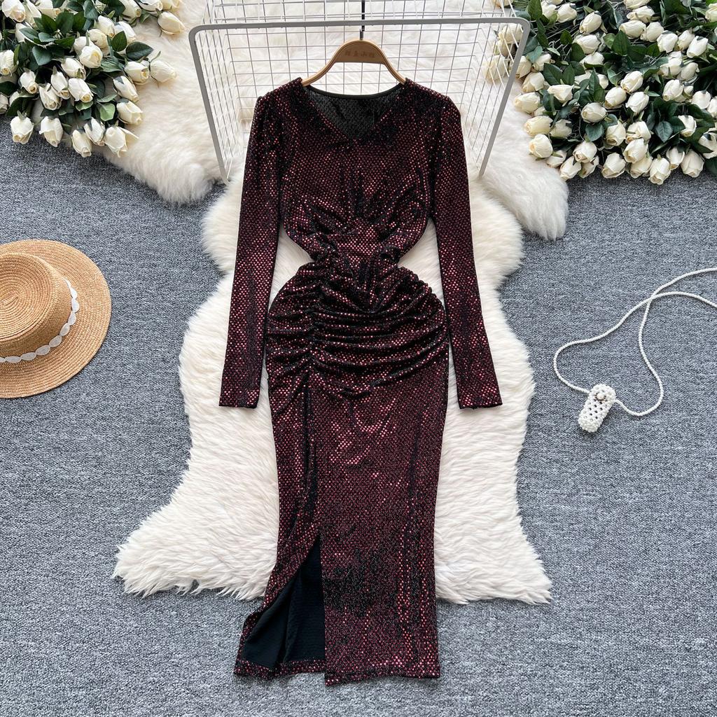Women's Sequins Glitter Dress Autumn Pleated Waist Slim Split Package Hip Dress