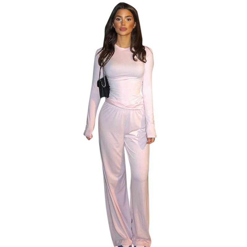 Suit European and American Leisure Women clothes New Solid Basic Comfortable Long sleeve Top Wide Leg Pants Two-piece Suit Women