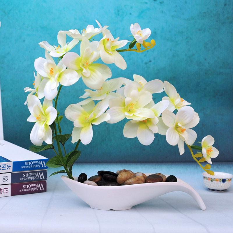 Simulated Butterfly Orchid Ceramic Flowerpot Fake Flower Set Decoration Home Livingroom Entrance Desktop Bonsai Ornaments Crafts