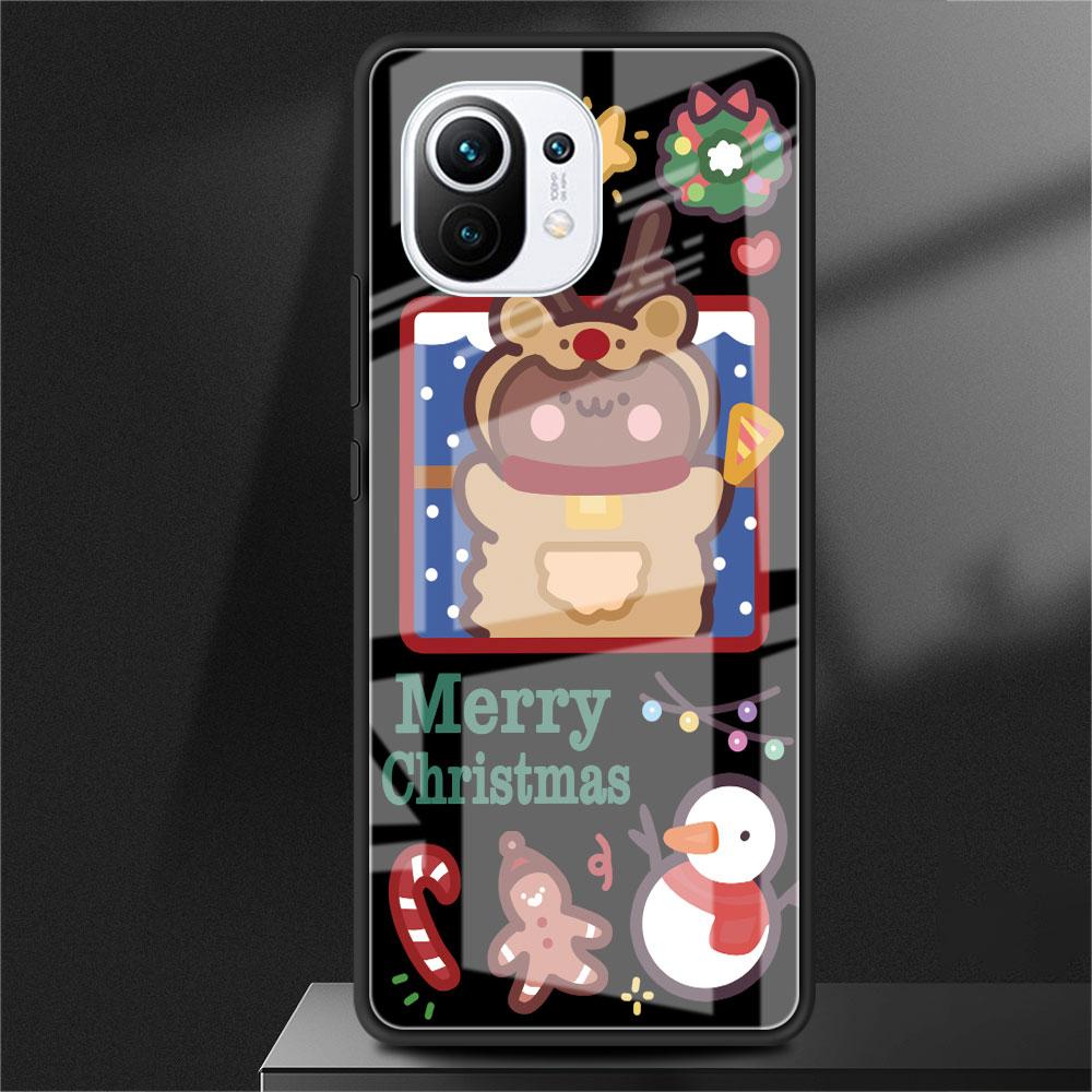 Glass Case For Xiaomi Poco X3 NFC 11 Lite 11T F3 M3 For Redmi Note 11 10 9 8 Pro 10S 9S 9A 9C Phone Cover Snowman Christmas Cute