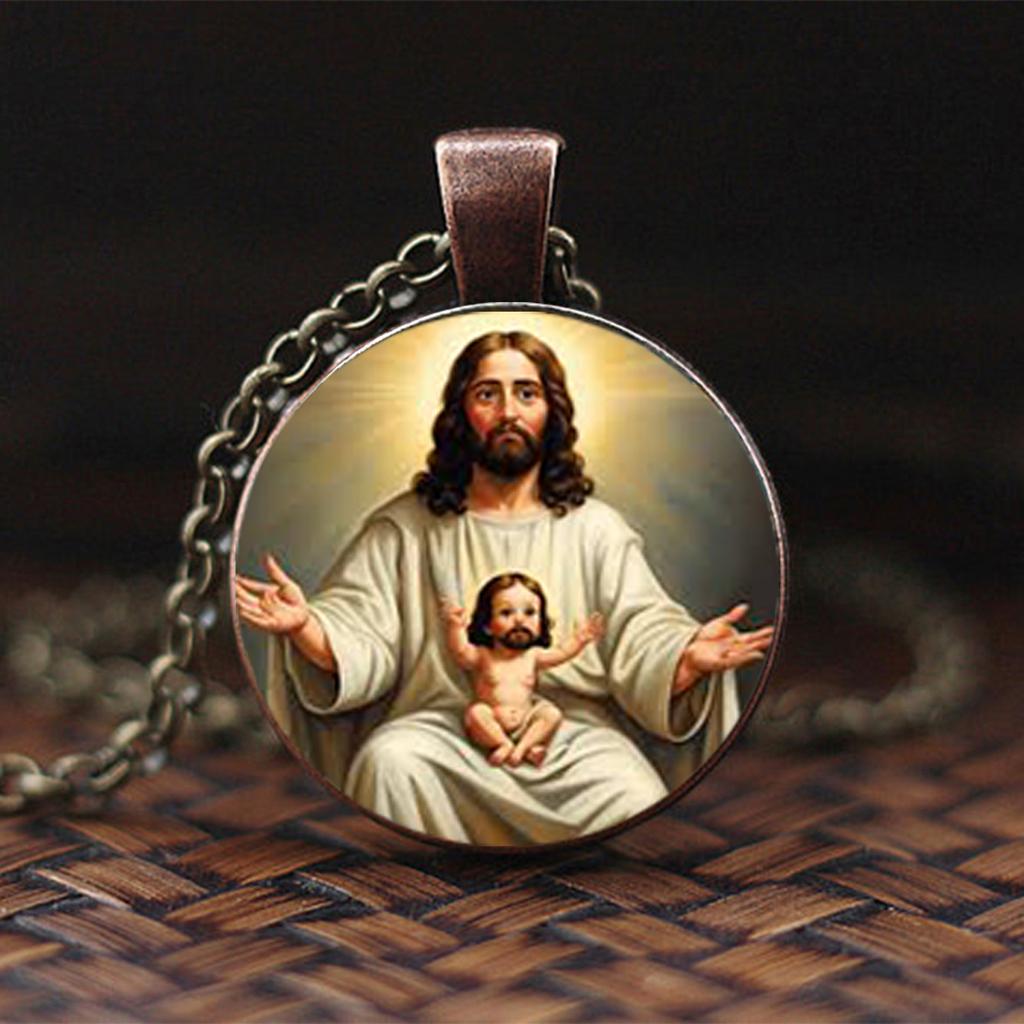 This Vintage-Style Necklace Features A Round Medallion And A Religious Pendant Depicting Saint Joseph And The Infant Jesus.