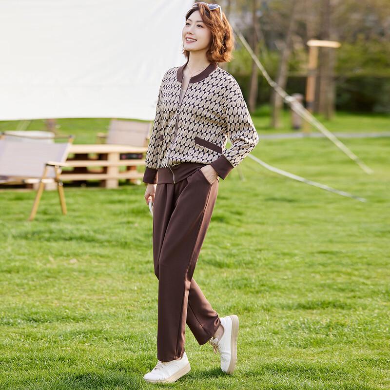 Women's Plus Size Casual Plaid Baseball Jacket & Pants Set