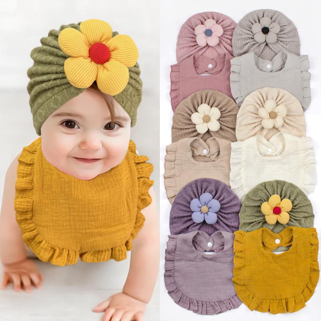 2Pcs Baby Hat Bibs Set Cute Flower Newborn Girl Turban Cap Gauze Ruffle Bib Soft Elastic Infant Toddler Beanie Headwraps