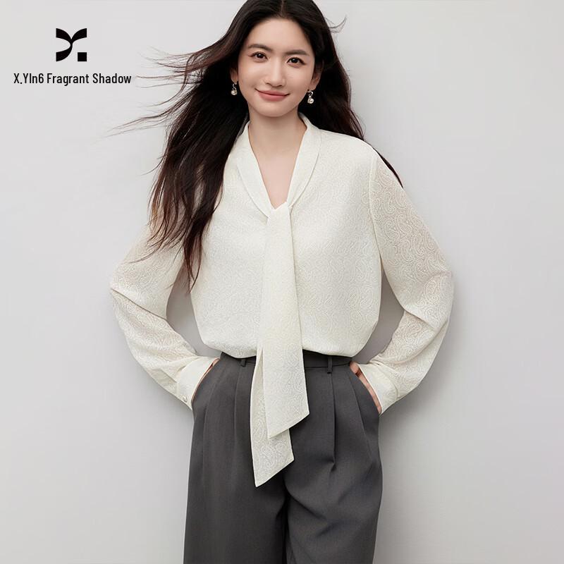 Women s Elegant Jacquard V-Neck Ribbon Tie Blouse M