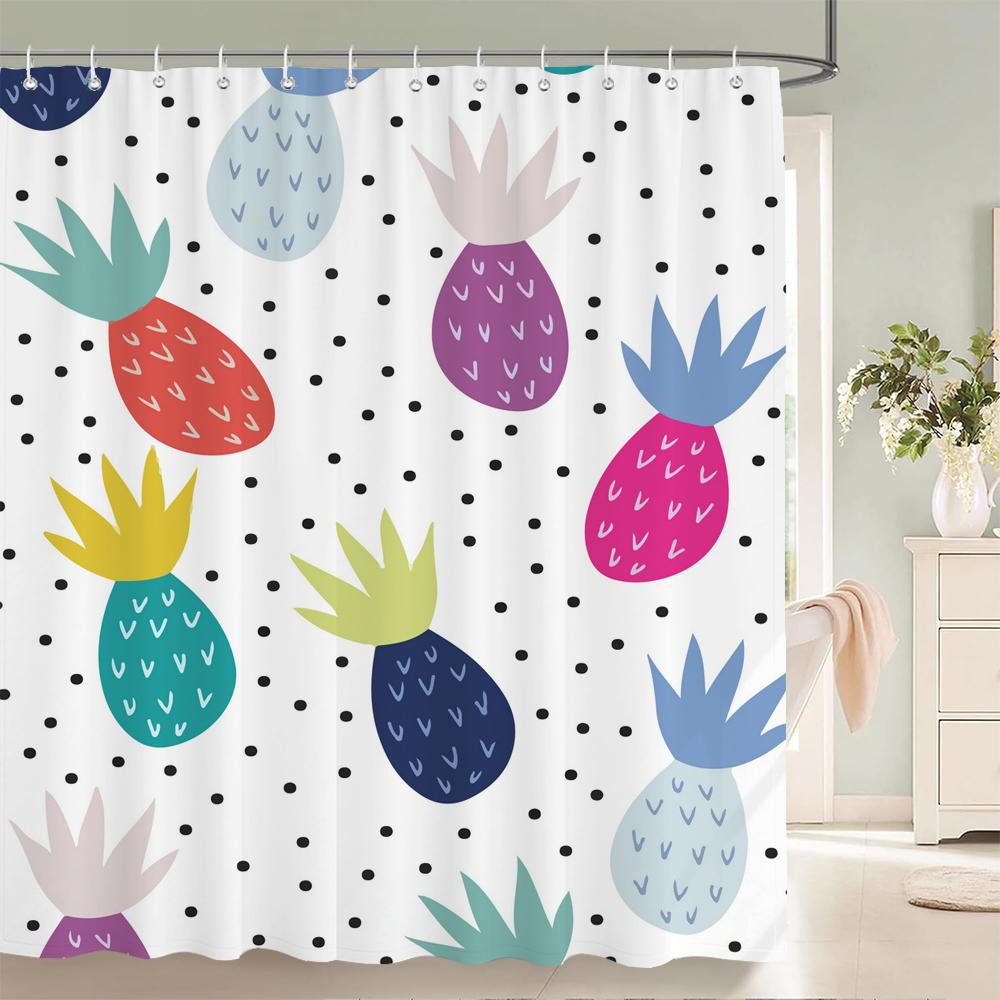 Summer Fruits Shower Curtain Cute Liner Peach Lemon Pineapple Orange Print Bath Curtain With Hooks Waterproof For Bathtub Decor