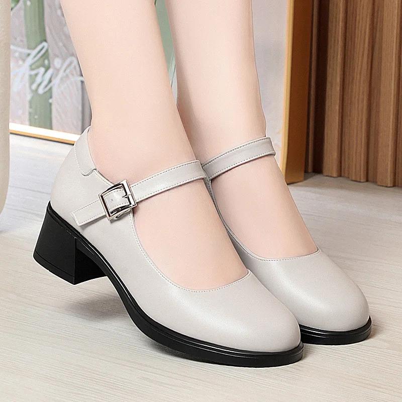4cm Breathable Comfortable Shallow Mary Janes Soft Leather Shoes 2025 Fall Med Square Heels Shoes Black for Office Mom Work