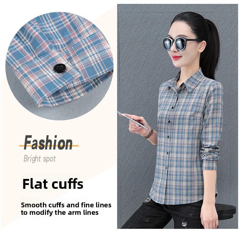 High-quality all-cotton plaid shirt for women, spring and autumn 2026 new fashion women's shirt, thin long-sleeved top