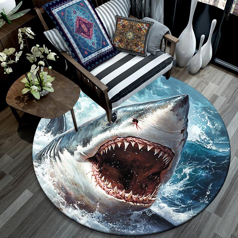 Shark Attack Round Area Rug,Carpet Rug for Living Room Bedroom Sofa Playroom Decor,Non-slip Floor Mat