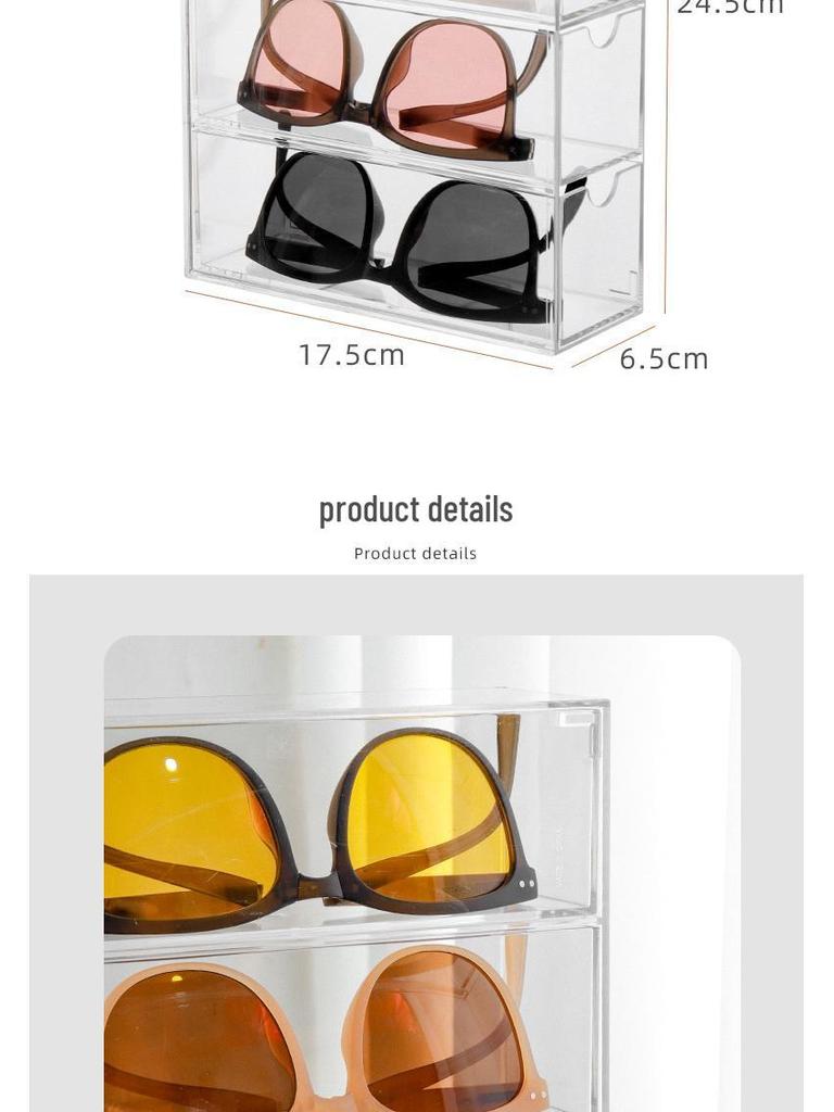 Desktop Eyeglasses & Sunglasses Storage Box - Transparent Divided Drawer Organizer for Cosmetics, Lipstick, and Contact Lenses.