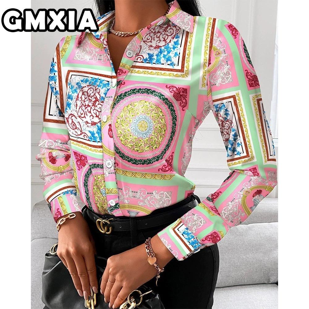 GMXIA Damenmode Lässig Freizeit Einfarbig Druck Langarm POLO Kragen Blusen & Hemden