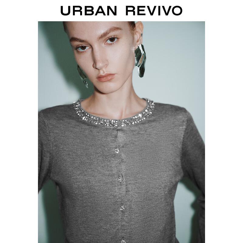 UR 2025 Spring Women's Gray Beaded Round Neck Knitted Cardigan