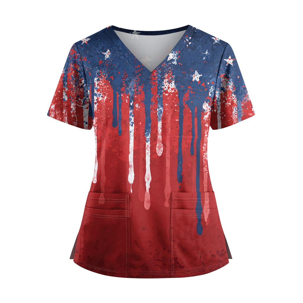 Women's Independence Day Print V-Neck Double Pocket Short Sleeve Uniform with Slit Hem - Caregiver Top