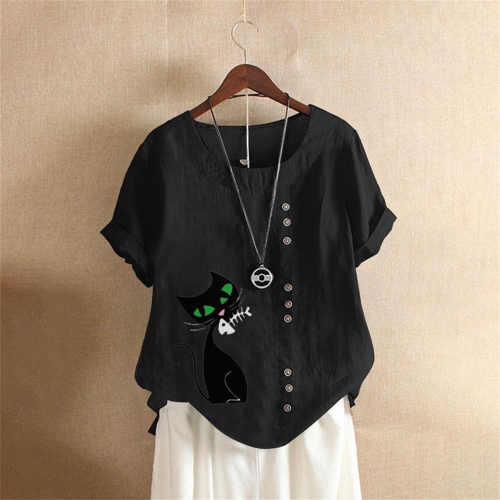 Summer Oversized Cotton and Linen Short-sleeved T-shirt, Cotton and Linen Cat Printed Oversized Women's Clothing