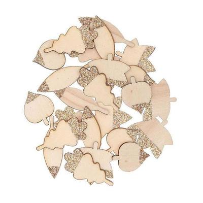 48 Wooden Silhouettes Glittery Leaves