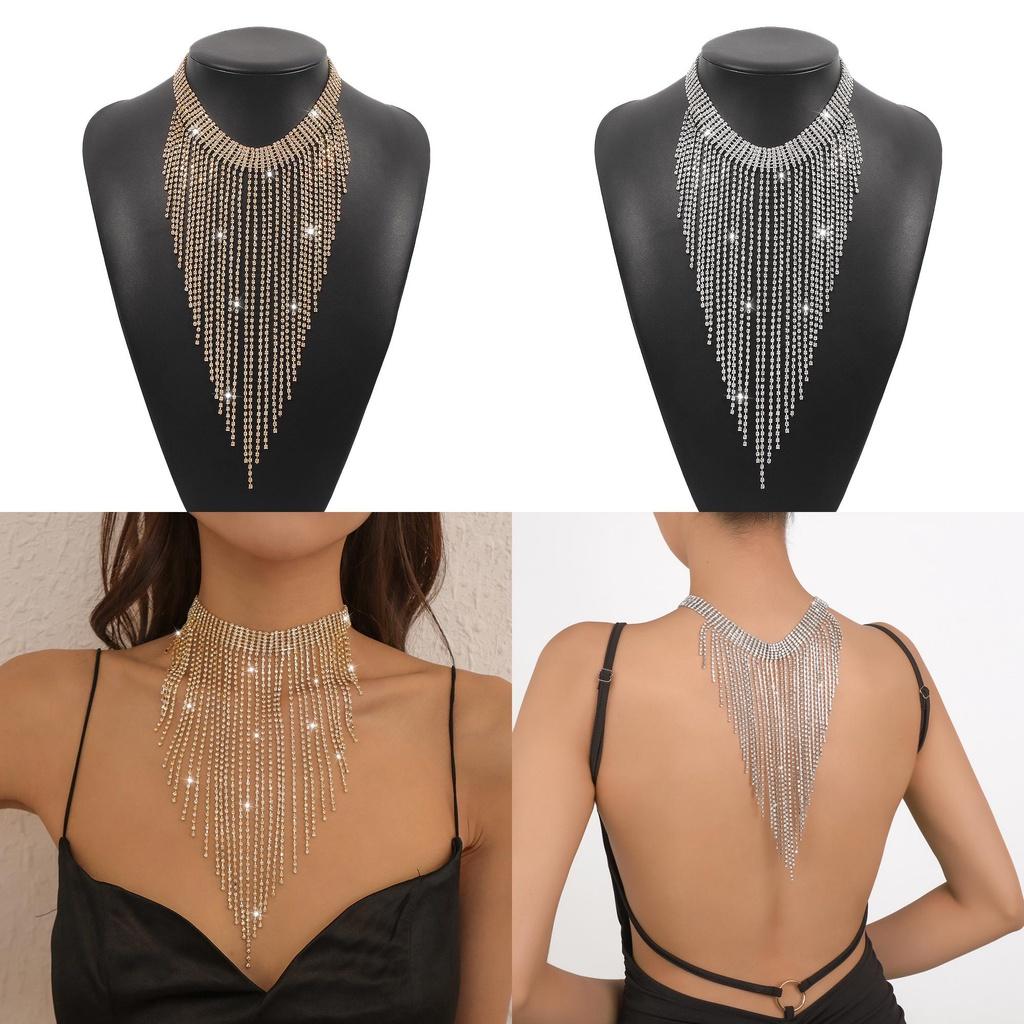 Unique N9886 Statement Necklace Geometric Shape With Sparkling Rhinestones And Fringe Perfect For The Spring Season
