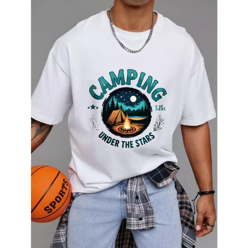 Camping T Shirt White Camping Under The Stars with Tent and Campfire Print Outdoor Adventure Nature Theme for Hiking and Traveling