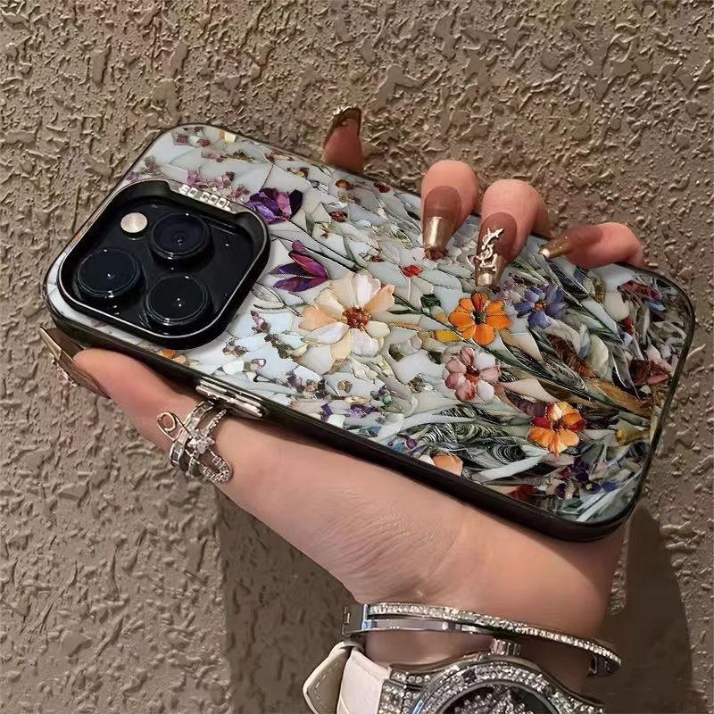 Premium Art Flower Application Apple 16/17Promax Phone Case IP15 Color Silver IMD14 Personality 13 Hard
