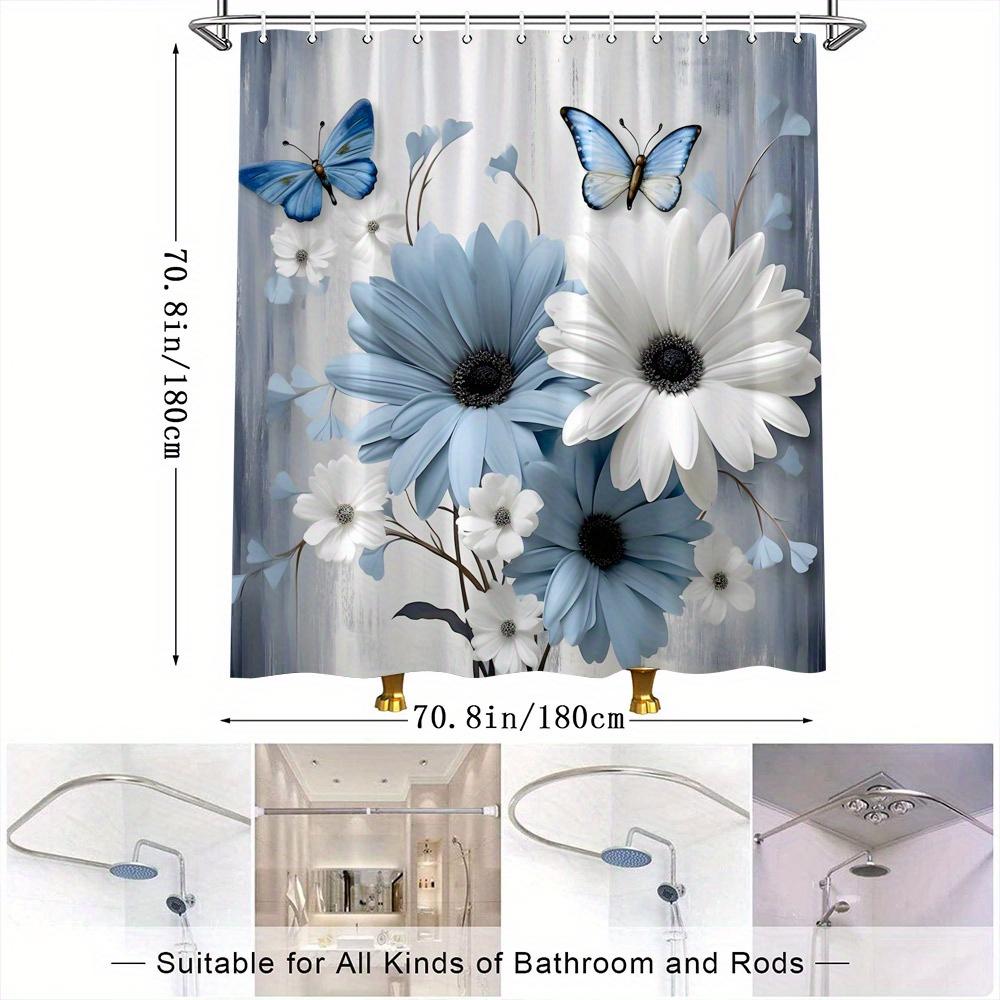 1pc Blue and White Floral Butterfly Shower Curtain - Elegant Nature Design with Vivid Blossoms and Muted Gray Background