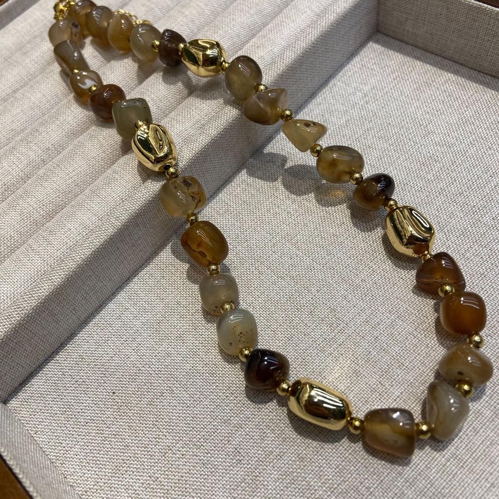 Maillard Retro Handmade Hair Crystal Brown Natural Stone Beaded Necklace Women'S Non-Fading Agate Necklace