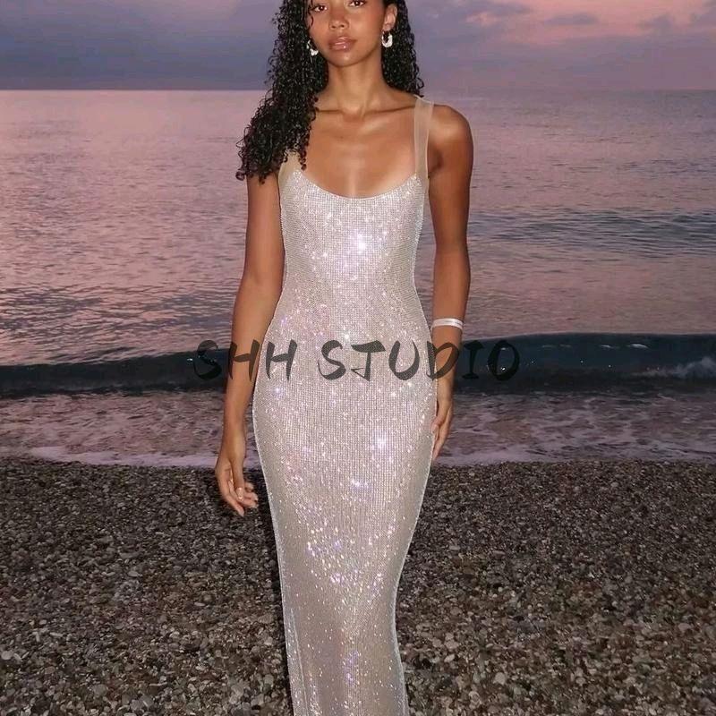 Spring New Women clothes French style Design Shiny Diamond Evening dress Sheath Sling Long Dress