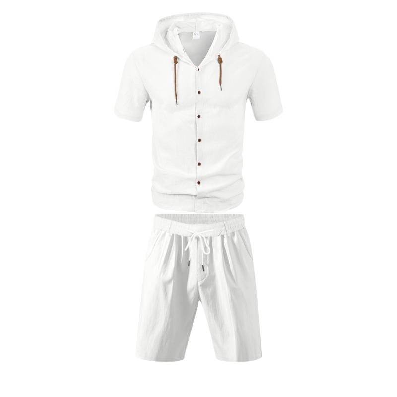 Mens Casual Linen Short Sleeve Hooded Shirt And Shorts Set S