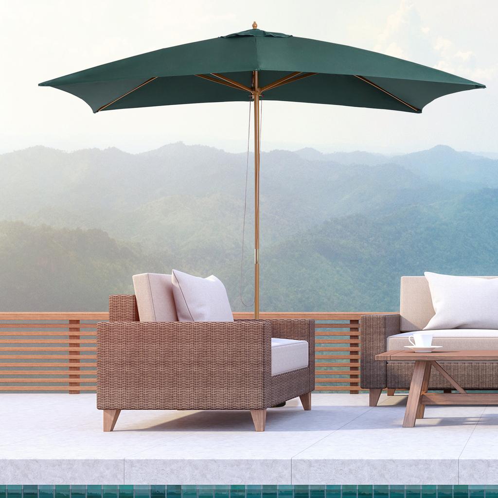 Parasol 2x3 m for Garden in Lacquered Wood and Bamboo with Removable Cover, Dark Green