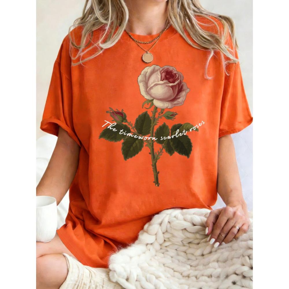 The Timeworn Scarlet Roses Design Women T-Shirt Casual Loose T Shirts Cotton Y2K Trendy Tops Comfortable Short Sleeve