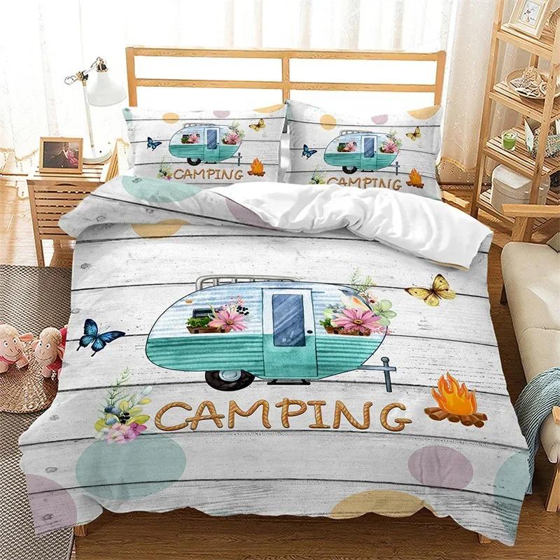 Happy Camping Duvet Cover Microfiber Camping Travel Car Tree Bedding Set Camper Comforter Cover Twin Queen For Boys Girls Teens