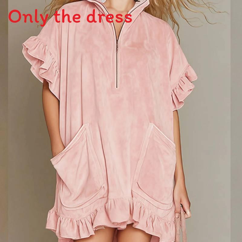 Streetwear A-Linien-Kleid mit Reißverschluss und Rüschenärmeln für Freizeit, Reisen oder Party
