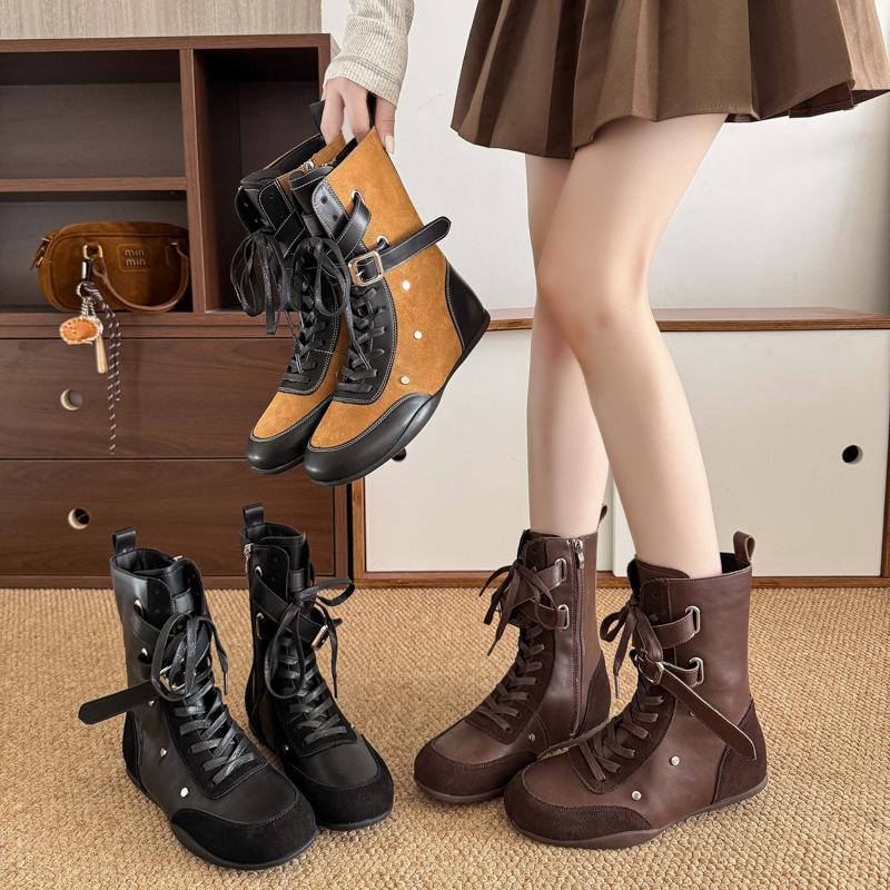 Yueyu Light Luxury Boxing Boots Strap Side Zipper Martin Boots Belt Buckle Short Boots Martin Boots Flat Bottom Fashion Boots Women