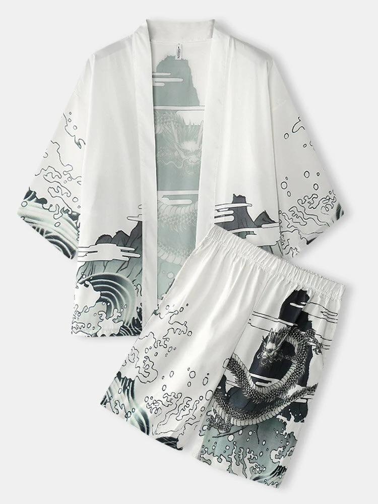 2026 New national style Hawaiian vacation ukiyo-e painted seven-quarter-sleeved Taoist robe 3D printed carp kimono cape