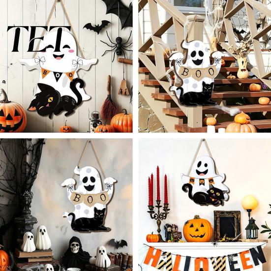 Childlike Party Supplies for Kids Cute White Ghost Wooden Door Hanger Sign with Black Cat BOO Retro Fall Seasonal Wall Art Banner, Waterproof