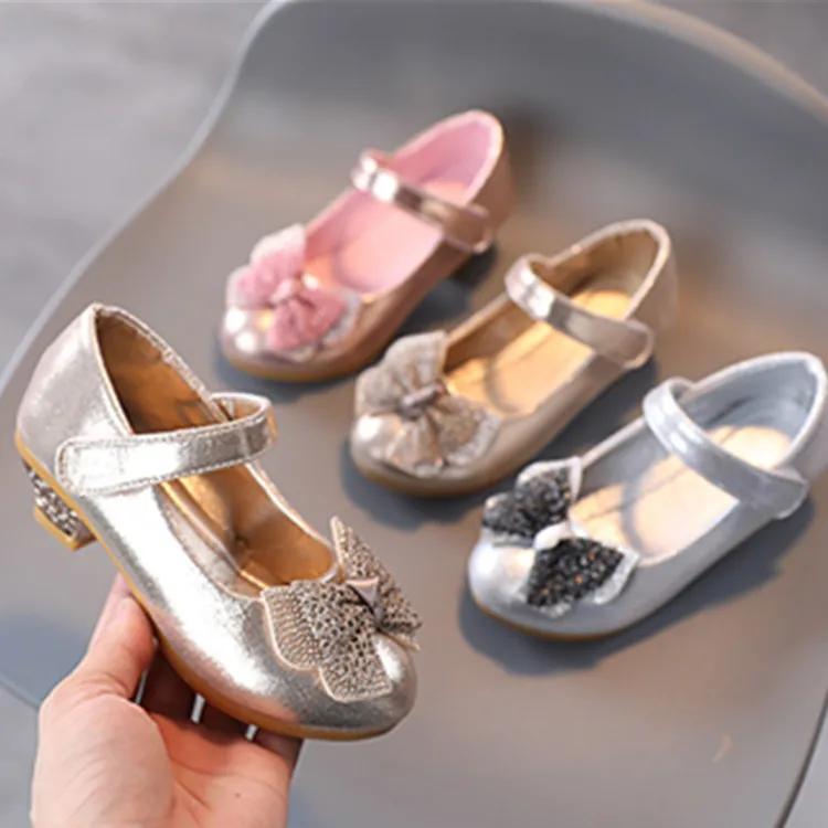 Girl's High Heel Shoes Elegant Bowtie Kids Causal Princess Ballet Shoes Fashion Versatile Children's Leather Shoes Non-slip Soft